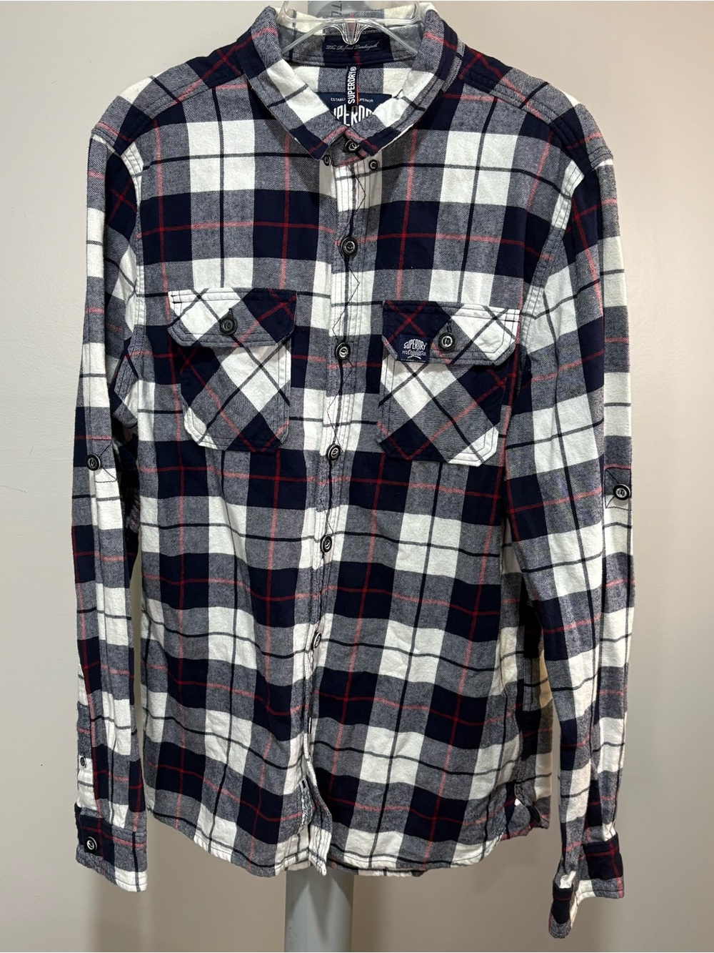 SuperDry Shirt Mens XL Red Blue Plaid Flannel Button Up Shirt Lumberjack Outdoor